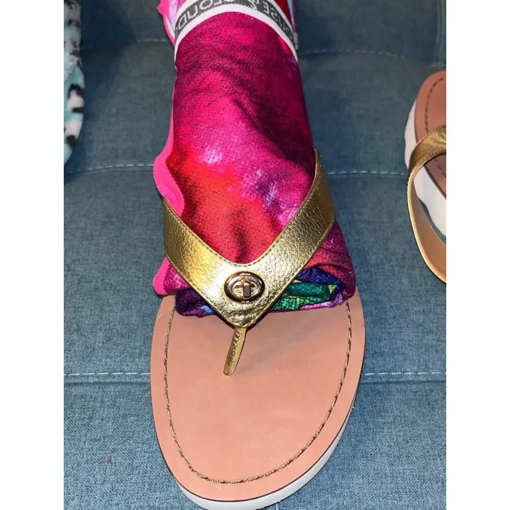 Coach Womens Shelly Leather Flip Flop Metallic Gold Tumble Size 11B